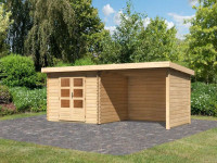 Gartenhaus Blockbohlenhaus SET Bastrup 5 28 mm naturbelassen, inkl. 3 m Anbaudach + Seiten--Rückwand