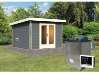 Saunahaus Mainburg 1 terragrau 38 mm inkl. klassischer Saunaofen 9 kW + ext. Steuerung