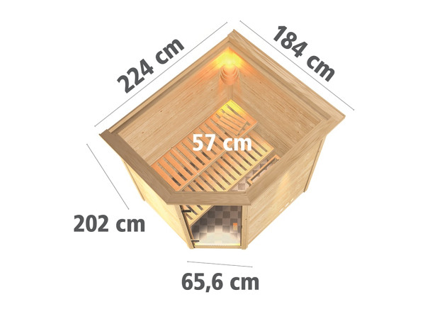 Sauna Massivholzsauna Mia mit Dachkranz, inkl. 9 kW Ofen mit integrierter Steuerung