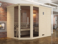 Sauna Massivholz-Elementsauna Kemi Eck 2 inkl. Fenster, Edelstahlset + Komfortpaket