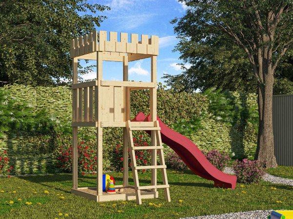 Spielturm SET Ritterburg Löwenherz naturbelassen inkl. Rutsche rot
