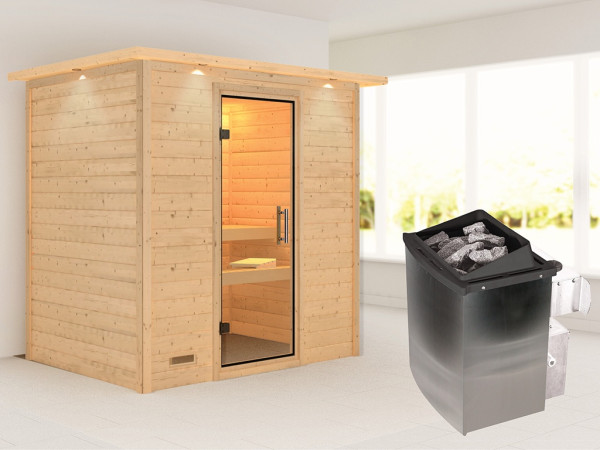 Sauna Massivholzsauna Sonja mit Dachkranz, inkl. 9 kW Ofen mit integrierter Steuerung