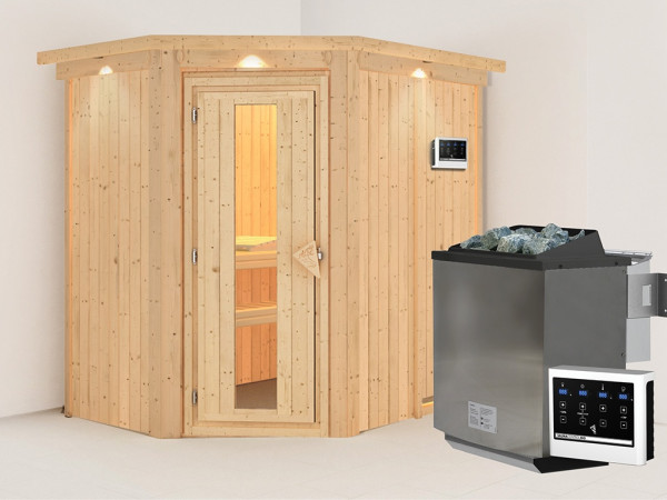 Sauna Systemsauna Carin mit Dachkranz, inkl. 9 kW Bio-Ofen mit externer Steuerung