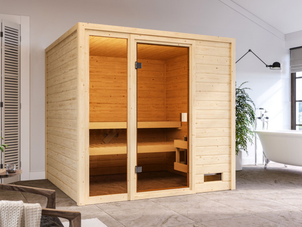 Sauna Massivholzsauna Jutta, mit bronzierter Ganzglastür