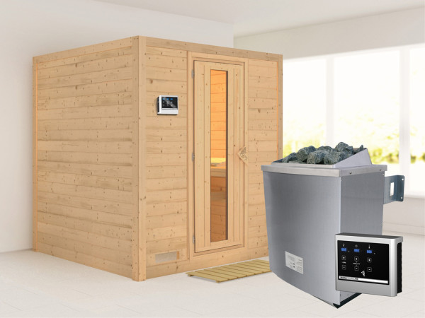 Massivholzsauna Mojave Holztür mit Isolierglas, inkl. 9 kW Ofen ext. Steuerung