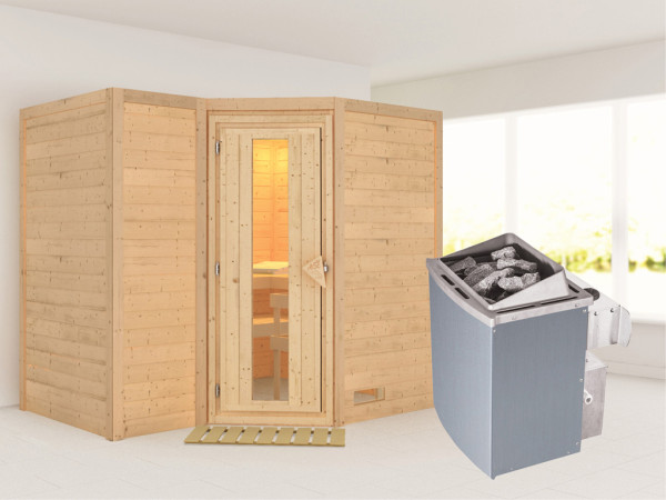 Massivholzsauna Sahib 2 Holztür mit Isolierglas, inkl. 9 kW Ofen integr. Steuerung