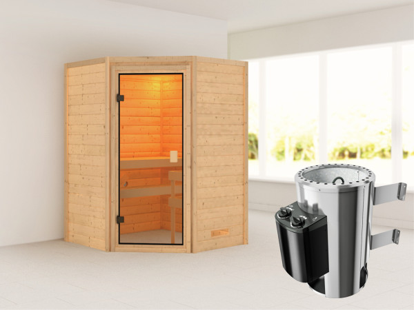 Sauna Antonia mit bronzierter Glastür + 3,6 kW Plug & Play Saunaofen integr. Strg.