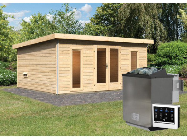Saunahaus Mainburg 5 naturbelassen 38 mm inkl. Bio-Kombiofen 9 kW + ext. Steuerung