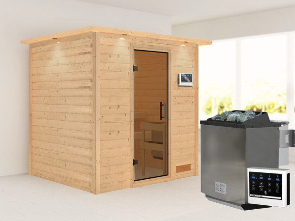 Sauna Massivholzsauna Anja mit Dachkranz, inkl. 9 kW Bio-Ofen mit externer Steuerung