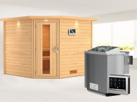 Sauna Massivholzsauna Leona mit Dachkranz, Energiespartür + 9 kW Bio-Kombiofen mit ext. Strg
