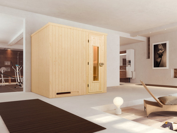 Sauna Elementsauna Halmstad 2 HT isolierte Holztür mit Glasausschnitt