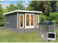 Saunahaus Mainburg 3 terragrau 38 mm inkl. klassischer Saunaofen 9 kW + ext. Steuerung