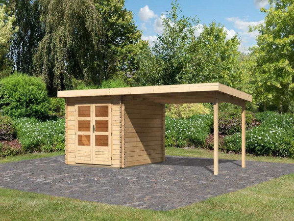 Gartenhaus Blockbohlenhaus SET Bastrup 4 28 mm naturbelassen, inkl. 3 m Anbaudach