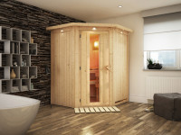 Sauna Systemsauna Larin mit Dachkranz, inkl. 4,5 kW Ofen mit integrierter Steuerung