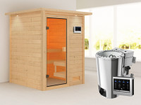 Sauna Sandra mit bronzierter Glastür und Dachkranz + 3,6 kW Plug & Play Bio-Ofen ext. Strg.