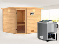 Sauna Massivholzsauna Leona mit Dachkranz, bronzierte Ganzglastür + 9 kW Bio-Kombiofen mit ext. Strg