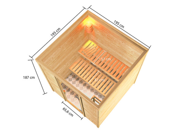 Sauna Jara mit bronzierter Glastür + 9 kW Saunaofen integr. Strg.