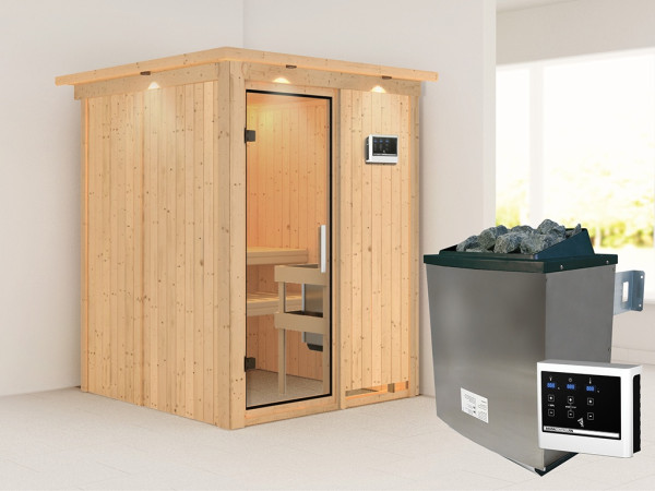 Sauna Systemsauna Norin mit Dachkranz, inkl. 9 kW Ofen mit externer Steuerung