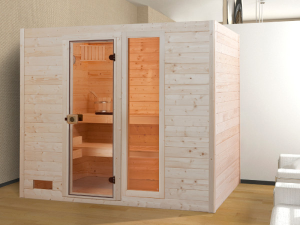 Sauna Massivholzsauna Valida 4 GTF klare Ganzglastür und Fensterelement