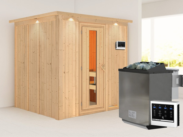 Sauna Systemsauna Sodin mit Dachkranz, inkl. 9 kW Bio-Ofen mit externer Steuerung