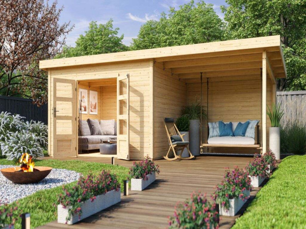 Gartenhaus SET Northeim 4 – mit naturbelassenem Holz, inkl. 3,3 m Anbaudach + Rückwand