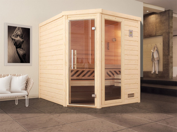 Sauna Massivholzsauna Turku 2 GTF graphit Ganzglastür und Fensterelement