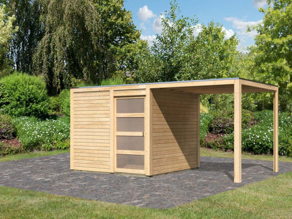 Gartenhaus SET Qubic 2 CLASSIC 19 mm naturbelassen, inkl. Anbaudach