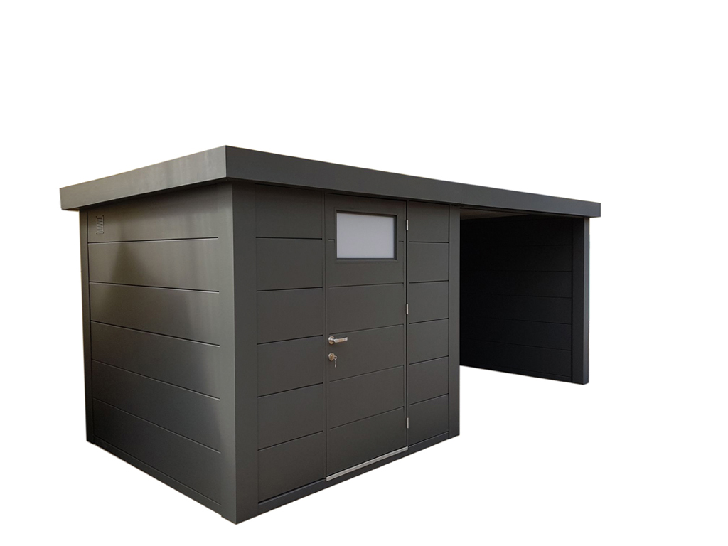 Gerätehaus aus Metall Eleganto 2424 mit Loungeanbau rechts Granitgrau