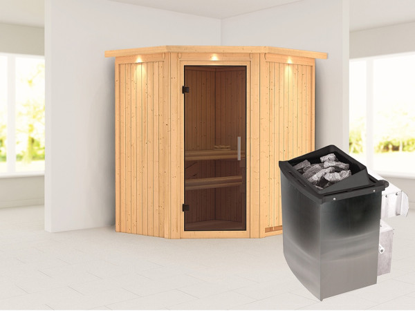 Sauna Systemsauna Taurin mit Dachkranz, inkl. 9 kW Ofen mit integrierter Steuerung