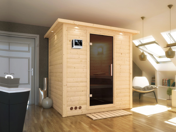 Massivholzsauna Mojave mit Dachkranz, graphit Ganzglastür, inkl. 9 kW Bio-Ofen ext. Steuerung