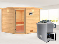 Sauna Massivholzsauna Leona mit Dachkranz, Klarglas Ganzglastür + 9 kW Saunaofen mit ext. Strg