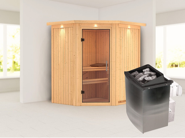 Sauna Systemsauna Taurin mit Dachkranz, inkl. 9 kW Ofen mit integrierter Steuerung