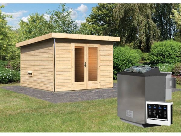 Saunahaus Mainburg 1 naturbelassen 38 mm inkl. Bio-Kombiofen 9 kW + ext. Steuerung
