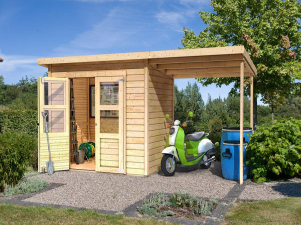 Gerätehaus Merseburg 2 14 mm naturbelassen inkl. 140 cm Anbau