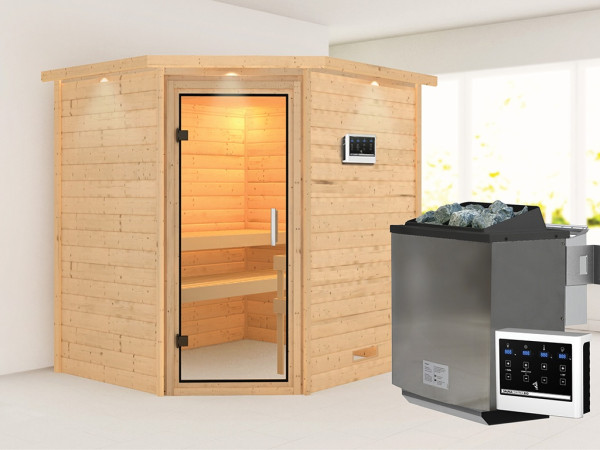 Sauna Massivholzsauna Mia mit Dachkranz, inkl. 9 kW Bio-Ofen mit externer Steuerung