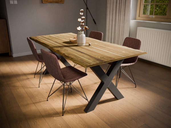 Tischplatte mit Waldkante aus Teak SPARSET inkl. Metalluntergestell Ironline Regular X