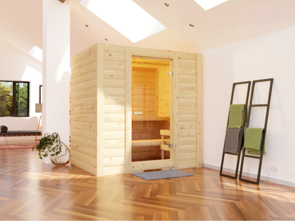 Sentiotec Basic Medium Sauna Massivholz SPARSET mit 8 kW Ofen mit integrierter Steuerung