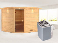 Sauna Massivholzsauna Leona mit Dachkranz, bronzierte Ganzglastür + 9 kW Saunaofen mit Steuerung