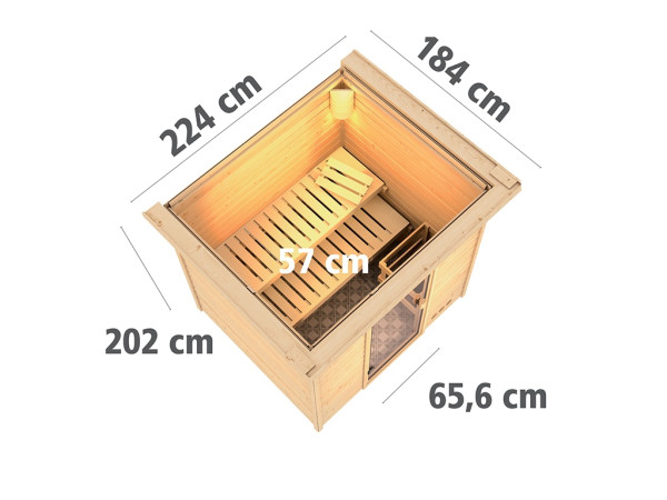 Sauna Massivholzsauna Anja mit Dachkranz, inkl. 9 kW Bio-Ofen mit externer Steuerung