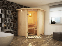 Sauna Systemsauna Larin mit Dachkranz, inkl. 4,5 kW Ofen mit integrierter Steuerung
