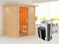 Sauna Sandra mit bronzierter Glastür und Dachkranz + 3,6 kW Plug & Play Saunaofen integr. Strg.