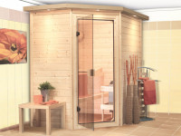 Sauna Massivholzsauna Svea mit Dachkranz, bronzierte Ganzglastür