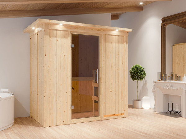 Sauna Systemsauna Variado mit Dachkranz, inkl. 9 kW Ofen mit externer Steuerung