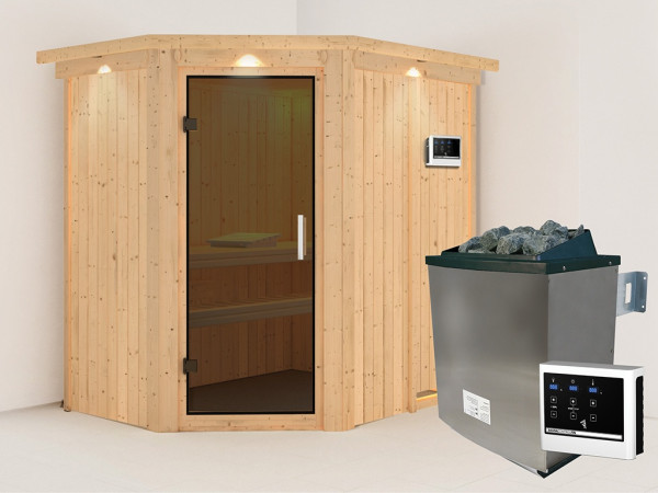 Sauna Systemsauna Carin mit Dachkranz, inkl. 9 kW Ofen mit externer Steuerung