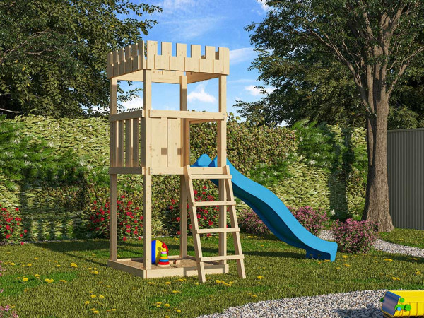 Spielturm SET Ritterburg Löwenherz naturbelassen inkl. Rutsche blau