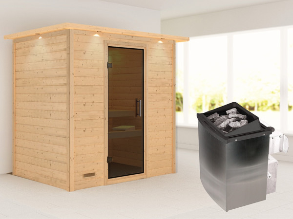 Sauna Massivholzsauna Sonja mit Dachkranz, inkl. 9 kW Ofen mit integrierter Steuerung