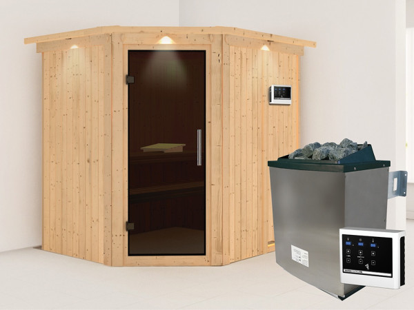 Sauna Systemsauna Siirin mit Dachkranz, inkl. 9 kW Ofen mit externer Steuerung