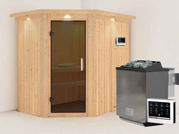 Sauna Systemsauna Carin mit Dachkranz, inkl. 9 kW Bio-Ofen mit externer Steuerung