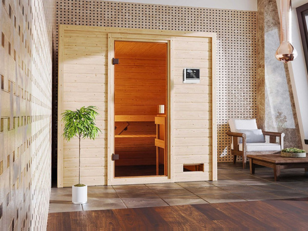 Sauna Adelina mit bronzierter Glastür + 9 kW Bio-Kombiofen ext. Strg.