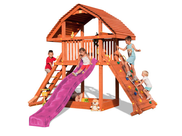Spielturm Giant teakfarben inkl. Rutsche pink